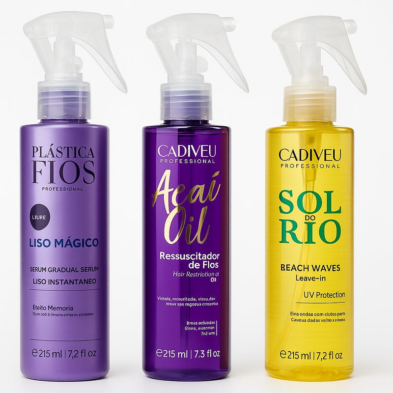 Cadiveu  Magic Hair Smoothing Fluid Spray Trio Plastica dos Fios, Acai Berry, Sol do Rio Bundle